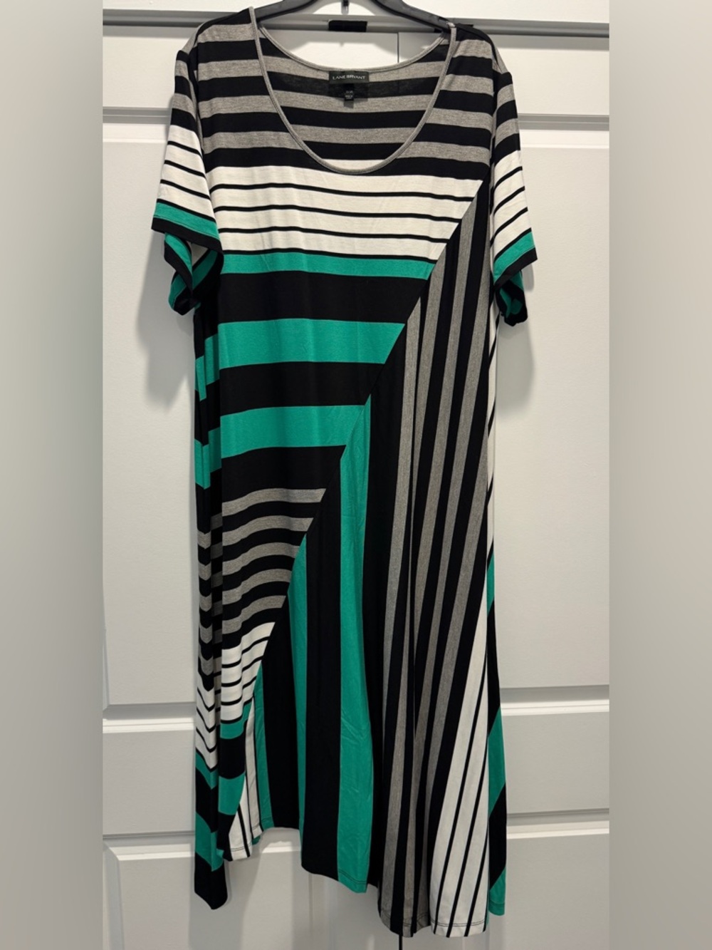 Lane Bryant Black White Gray and Teal Striped Short Sleeve Dress